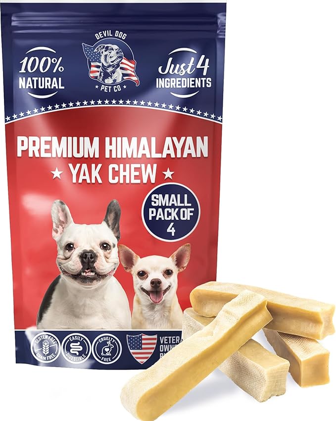 Devil Dog Pet Co. Himalayan Yak Cheese Dog Chews, Small - 4 Pack, 100% Natural & Healthy, Lactose-Free, Long-Lasting Dog Treats, Premium Yak Milk Chew Bones for Dogs