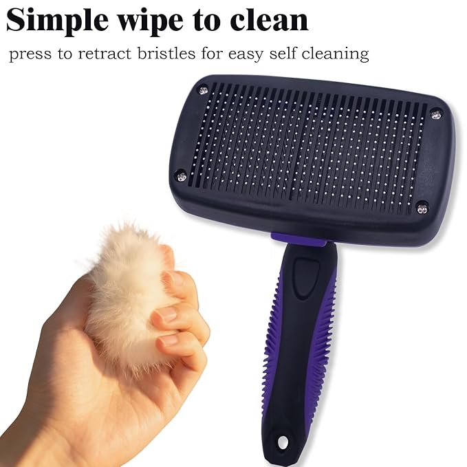 Self Cleaning Slicker Brush - Pet Hair Removal Tool for Long Short Hair grooming: Soft Rubber Tips Gentle on Sensitive Skin Cat Dog brush Specifically for Indoor pet hair removal glove (purple)