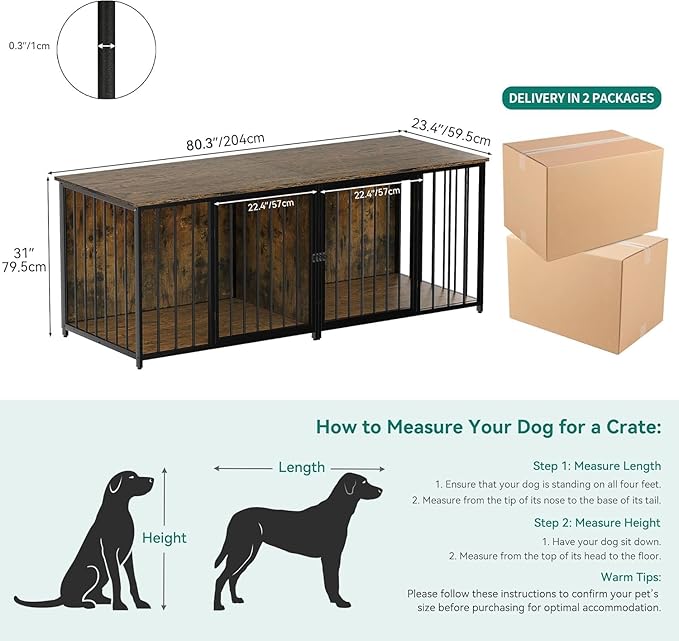 YITAHOME Double Dog Crate Furniture, 80.2 inch Large Breed Dog Kennel with Divider, Heavy Duty Dog House TV Stand Indoor for 2 Medium Dogs, Brown