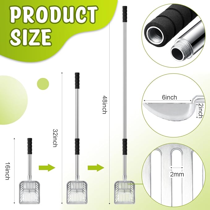 48 Inch Metal Chicken Coop Pooper Scooper (16 to 48 Inch) Long Handle Scooper with Detachable Stainless Steel Long Handle Gloves Accessory for Cleaning Chicken Coop(Silver)