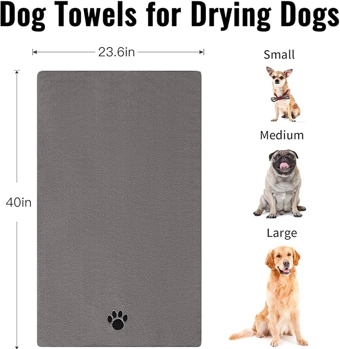 Microfiber Dog Towels for Drying Dogs, Super Absorbent and Soft Pet Grooming Towel, 40 Inch X 23.6 Inch, Perfect for Large, Medium or Small Dogs (Grey, 40''X23.6'' - 2pack)