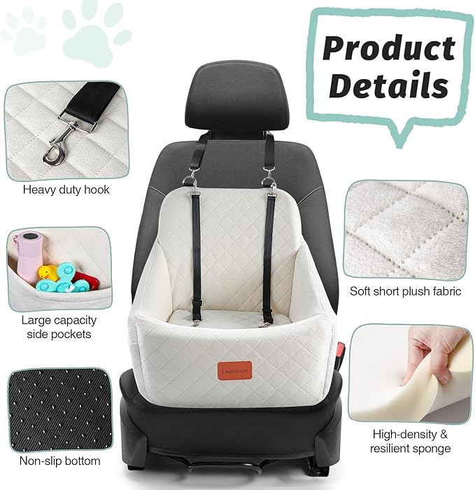 Dog Car Seat for Medium Dogs Up to 40lbs,Easy to Install with Adjustable Straps,Anti-Slip Base,Fully Detachable and Washable,Soft Fabric Fill in Memory Foam,2 Side Pockets(Beige,Medium)