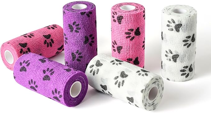 WePet Pet Wrap, Self-Adhesive, Only Sticks to Itself, Non-Woven Tape for Dog Legs, Paws, Wounds, First Aid Cohesive Gauze for Horse, Cat, Bird, Animal, 6 Rolls, 4 Inch, Pawprints B
