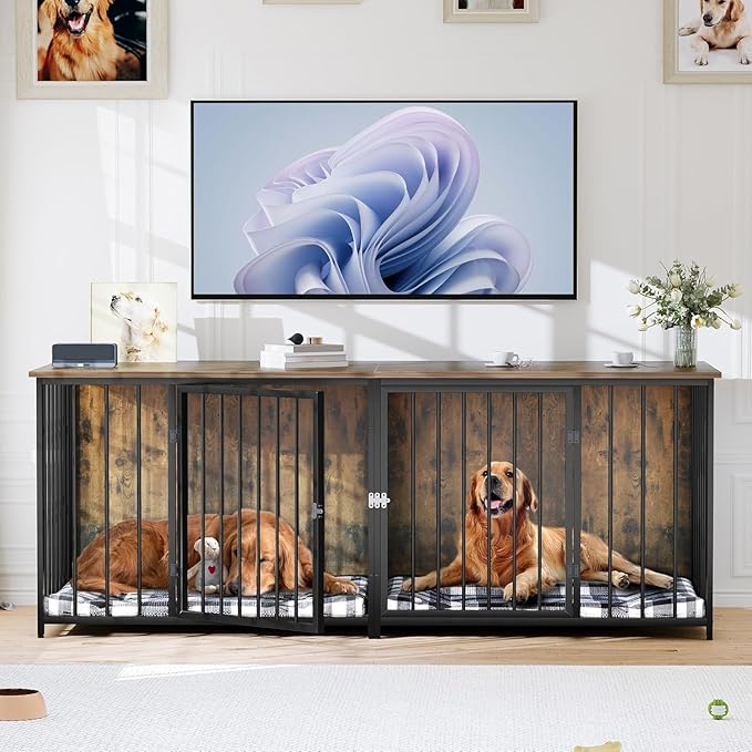 YITAHOME Double Dog Crate Furniture, 80.2 inch Large Breed Dog Kennel with Divider, Heavy Duty Dog House TV Stand Indoor for 2 Medium Dogs, Brown