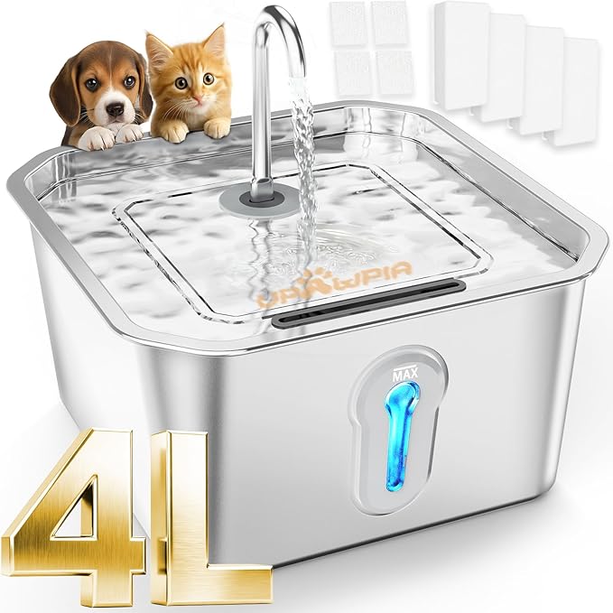 4L/135oz Large Cat Water Fountain Stainless Steel with 4 Filters Pet Water Fountain for Cats Quiet Indoor Pets Dog Small Animal Automatic Dog Water Dispenser for Drinking Watering Supplies