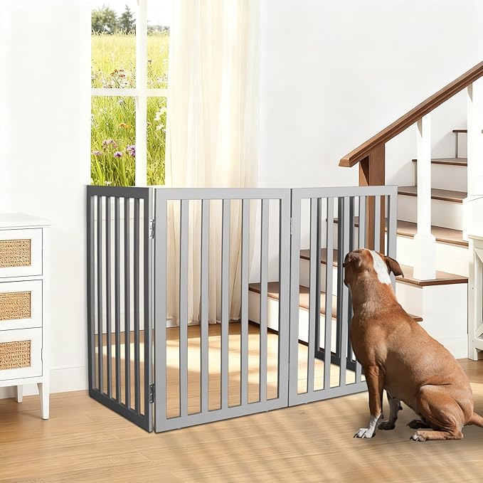 ZJSF Freestanding Indoor Dog Gate for House Foldable Wood Grey Puppy Gate for Doorways Pet Gate for Stairs Extra Wide Pet Fence 24" Height 3 Panels