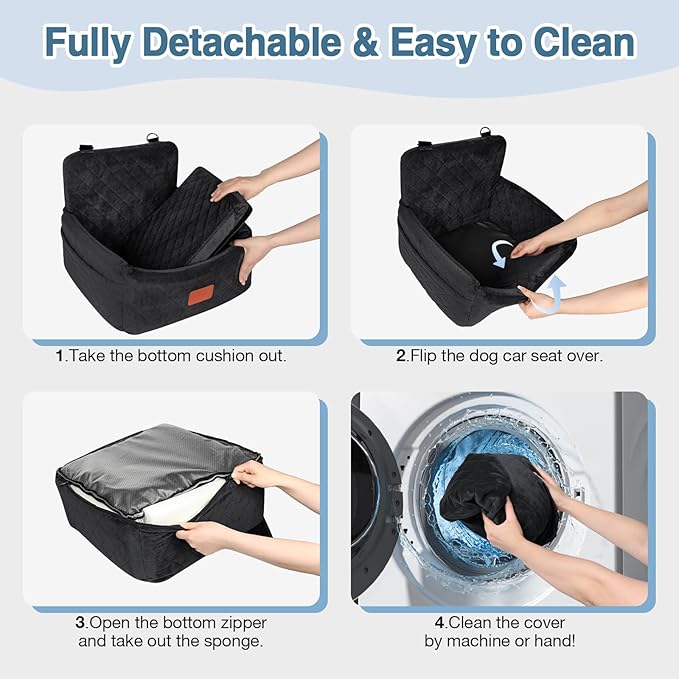 Dog Car Seat for Small Dogs Under 30lbs, Washable Pet Travel Car Bed with Memory Foam,Fully Detachable Cover,2 Storage Pockets & Safety Leash,Non-Slip Bottom(Black)