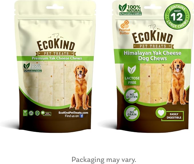 EcoKind Premium Gold Yak Cheese Himalayan Dog Chews, Dog Treats Large Breed, All Natural, High Protein Chew, Peanut Butter, Large - 12+ Chews (3 lbs)