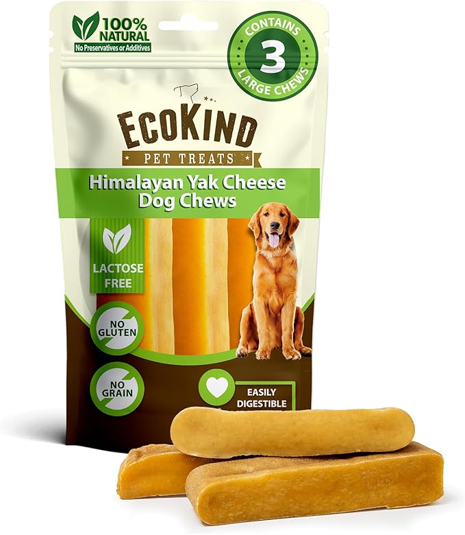 EcoKind Premium Gold Yak Cheese Himalayan Dog Chews, Dog Treats Large Breed, All Natural, High Protein Dog Chew, Cheese, Large - 3 Chews