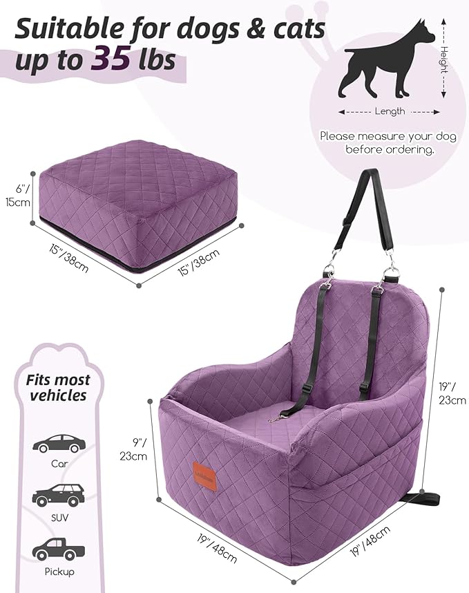 Dog Booster Car Seat for Small/Medium Dogs,Puppy Portable Car Bed with Elevated Cushion,Fully Detachable and Washable,2 Storage Pockets,Easy to Install (Purple, Medium)