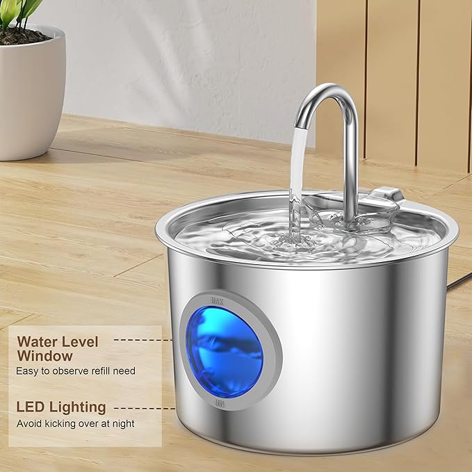 Cat Water Fountain Advanced 304 Stainless Steel 2.2L/74oz with Detachable Tank, Easy to Clean, Automatic Pet Fountain Quiet Cats Water Dispenser, Dogs (74oz Cat Fountain + 6 Filters)