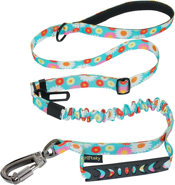 Hotsky Tactical Dog Leash Heavy Duty for Medium Large Dogs That Pull,4-6Ft Strong Bungee Shock Absorbing No Pull Dog Leash with Padded Double Handle and Car Seatbelt,Daisy