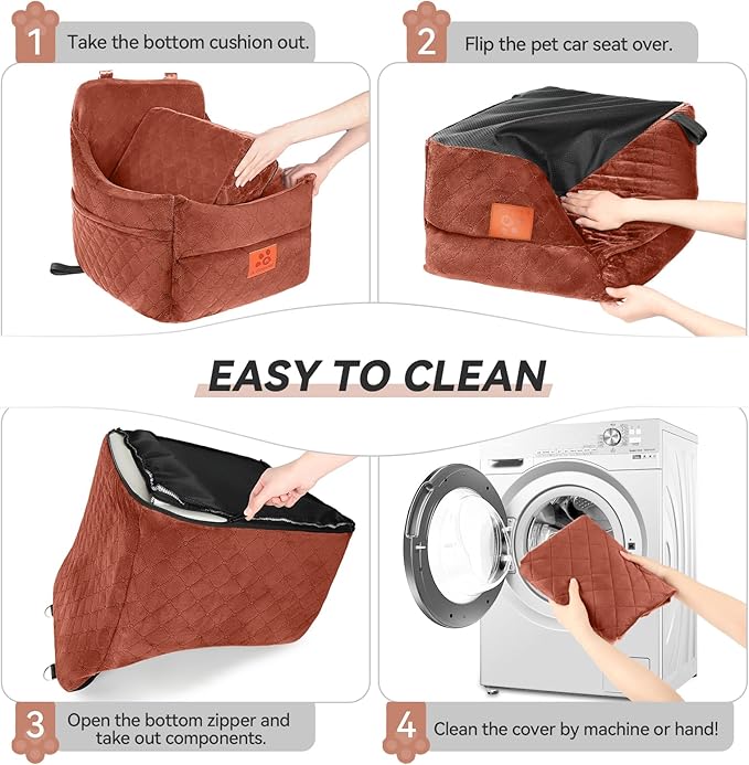 Dog Car Seat for Small/Medium Dogs, Dog Booster Car Seats with Thick Cushion for Dogs Under 35 lbs, Detachable Washable Pet Carseat with Storage Pockets, 2 Safety Belts(Brown)