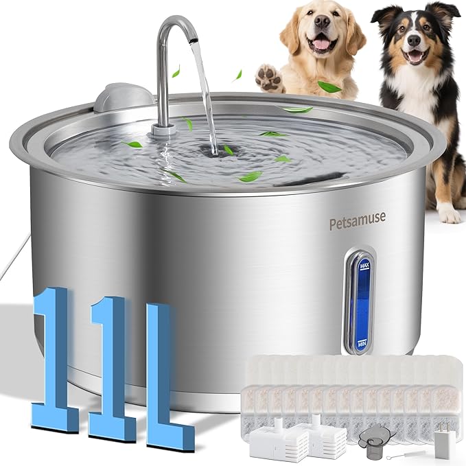 Dog Water Fountain, 11L/2.8Gal Quiet Dog Fountain Water Bowl with Visible Window Stainless Steel Dog Water Fountain with 2 Spray Modes and 15 Fliters for Large Medium Small Dogs Pets
