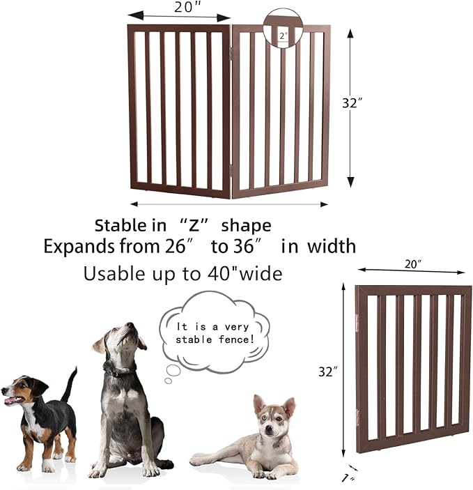 ZJSF Freestanding Indoor Dog Gate for House Foldable Wood Brown Puppy Gate for Doorways Pet Gate for Stairs Extra Wide Pet Fence 32" Height 2 Panels