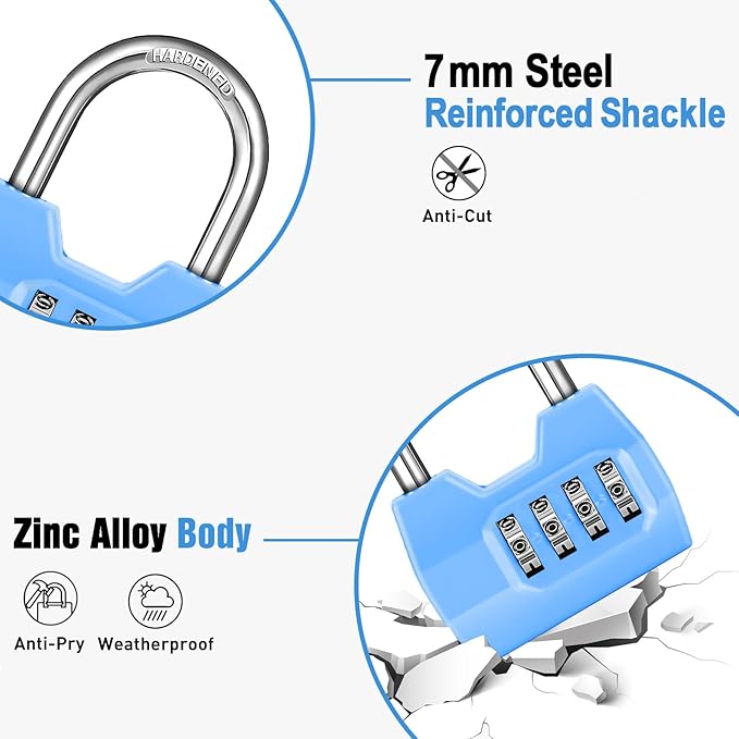 1 Pack disecu 4-Digit Combination Lock, Waterproof Outdoor Padlock for School Gym Locker, Fence, Gate, Shed, Storage Unit (Azury)