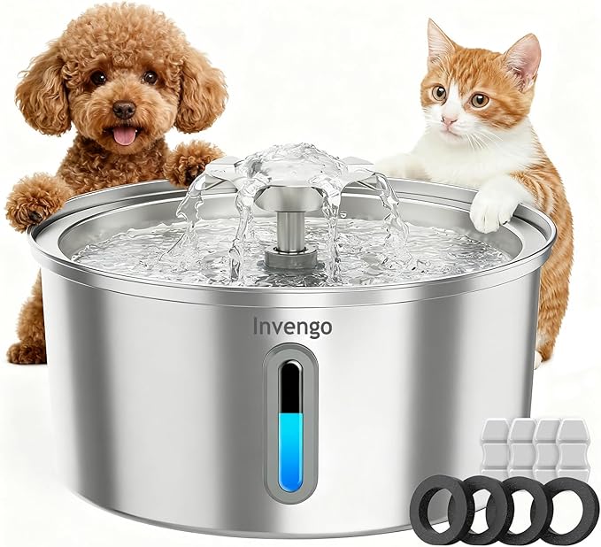 Cat Water Fountain Stainless Steel 3.2L/108oz, Invengo Automatic Pet Fountain for Cats & Dogs, Ultra Quiet <25 dB Pump, Includes 4 Replacement Filters & Sponges, LED Water Level Window, Easy to Clean