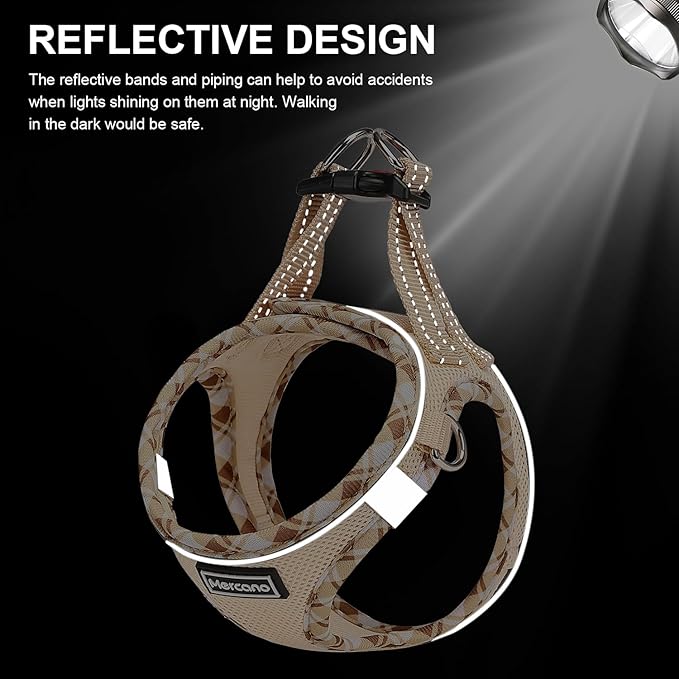 Mercano Soft Mesh Dog Harness and Leash Set, No-Chock Step-in Reflective Breathable Lightweight Easy Walk Vest Harnesses with Safety Buckle for Small Dogs, Cats (Beige, L)