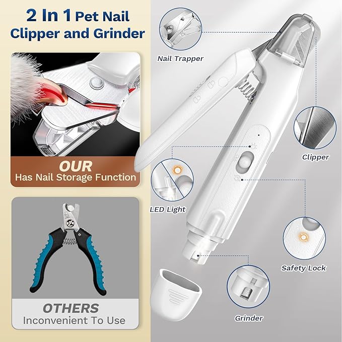 2-in-1 Dog & Cat Nail Clipper with Grinder - Dual Highlight LED Reduce Over-Trimming, Long Battery Cordless USB-C Rechargeable, Safety Lock & Catcher Cap, Quiet Home Grooming for Small Large Pets