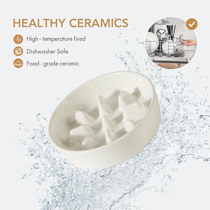 Ceramic 1.2 Cup Dog Raised Slow Feeder Set, Elevated Bowl with Wooden Stand for Medium and Small Dog, 7.3inch Slow Feeder Dish for Fast Easters(1 Bowl & Stand, Vanilla White)