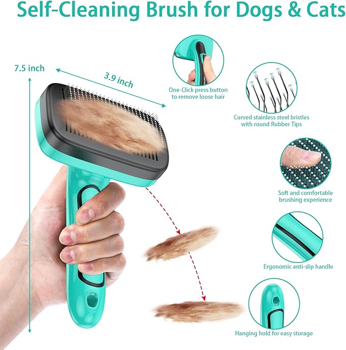 6 PCS Self Cleaning Slicker Brush & Undercoat Rake & Bath Brush & Flea Comb & Pet Comb & Steam Brush for Dogs and Cats,Professional Deshedding Dematting Tool for Long and Short Haired Pets