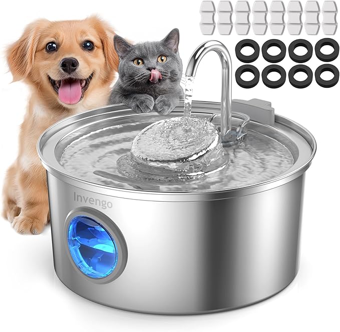 Cat Water Fountain Stainless Steel, 3.2L/108oz Pet Drinking Fountain for Cats Dogs, Automatic Cat Fountain with 2 Flow Modes, Splash-Proof Bowl, Includes 8 Replacement Filters