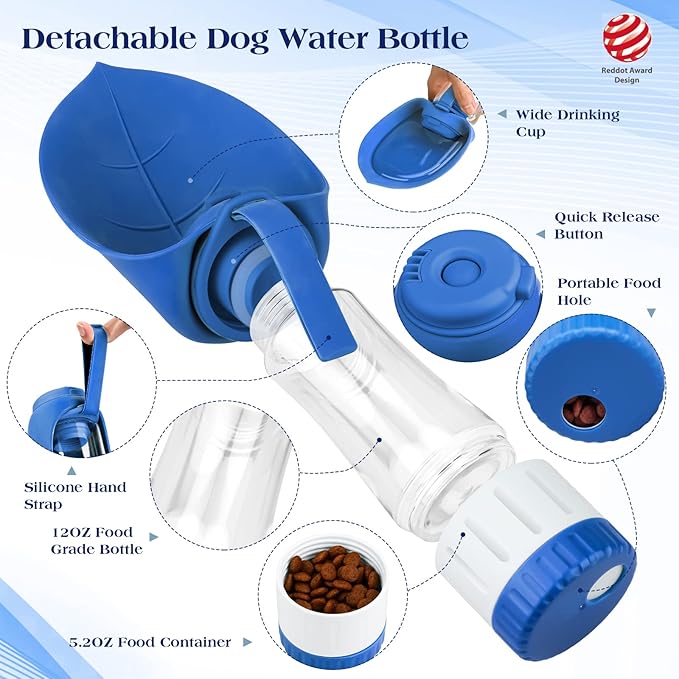 TIOVERY Upgraded Dog Water Bottle, Portable Dog Cat Puppy Pet Water Dispenser Feeder with Drinking Cup and Food Container Leak Proof for Outdoor Walking, Travel, Hiking 12OZ Blue