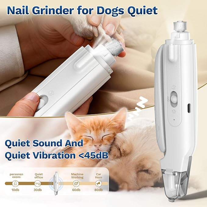 2-in-1 Dog & Cat Nail Clipper with Grinder - Dual Highlight LED Reduce Over-Trimming, Long Battery Cordless USB-C Rechargeable, Safety Lock & Catcher Cap, Quiet Home Grooming for Small Large Pets