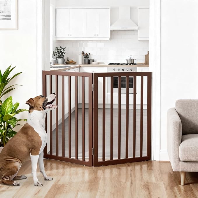 ZJSF Freestanding Indoor Dog Gate for House Foldable Wood Brown Puppy Gate for Doorways Pet Gate for Stairs Extra Wide Pet Fence 32" Height 2 Panels