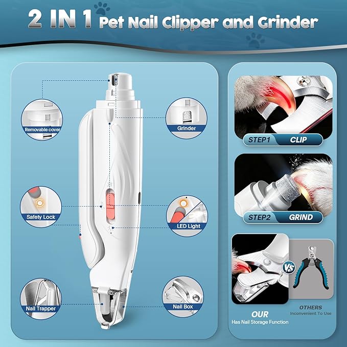 2-in-1 Dog & Cat Nail Clippers and Grinder with Light – Upgraded Safety Guard to Avoid Overcutting, Sharp Blade, Painless Quiet Pet Nail Claw Trimmers, Professional Grooming Tool for Large Small Pets