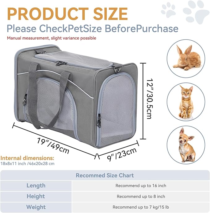 ‌Petsfit Airline Approved Pet Carrier for Small Dogs & Cats, 19x9x12 TSA Approved Carrier, with Removable Dual-Sided Padding (2-Way Placement) - Fits Under Most Airplane Seats, Escape Proof (Grey)