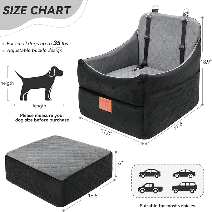 Dog Car Seat for Small/Medium Dogs, Dog Booster Car Seats with Thick Cushion for Dogs Under 35lbs, Detachable Washable Pet Carseat with Storage Pockets, 2 Safety Belts(Black/Grey)