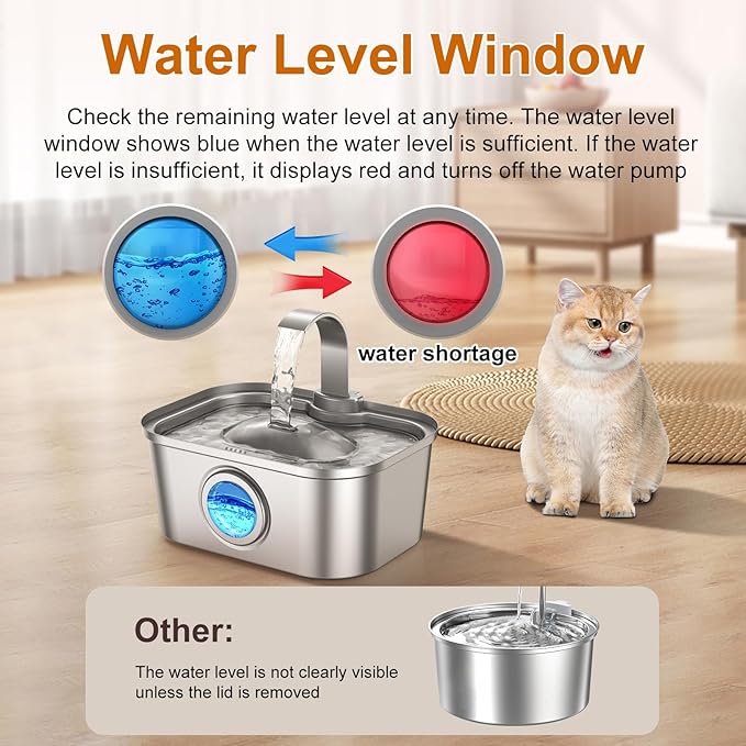 Bobo&Dragon Automatic Stainless Steel Cat Water Fountain for Cats & Dogs 124oz/3.5L - Quiet Water Dispenser Bowl with Pump, Fresh Filtered Hydration, Easy Clean, Leak-Proof Design for Indoor
