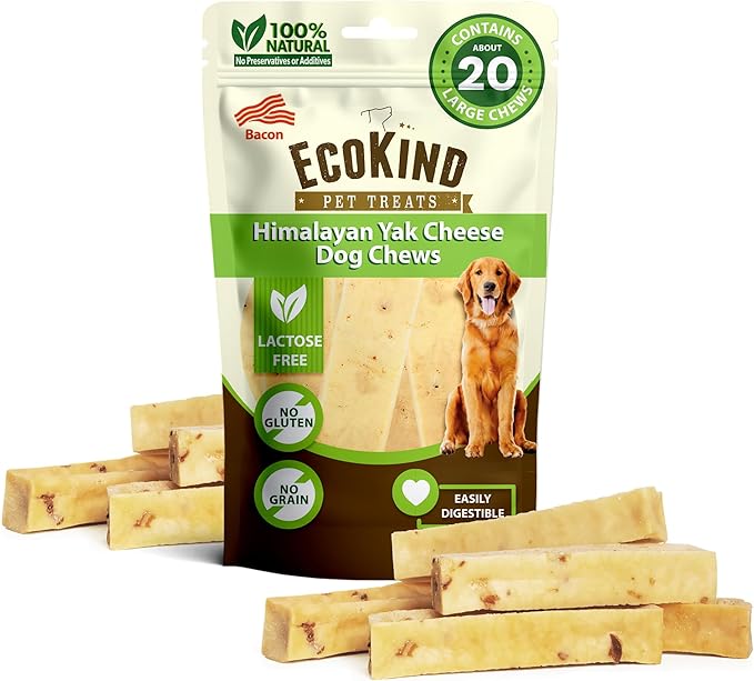 EcoKind Premium Gold Yak Cheese Himalayan Dog Chews, Dog Treats Large Breed, All Natural, High Protein Dog Chew, Bacon, Large - 18+ Chews