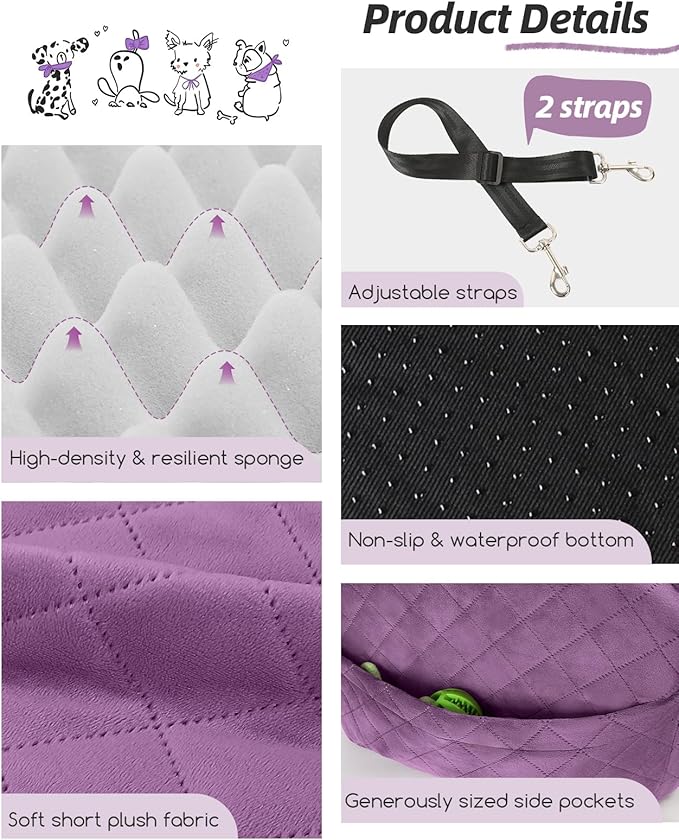 Dog Booster Car Seat for Small/Medium Dogs,Puppy Portable Car Bed with Elevated Cushion,Fully Detachable and Washable,2 Storage Pockets,Easy to Install (Purple, Medium)