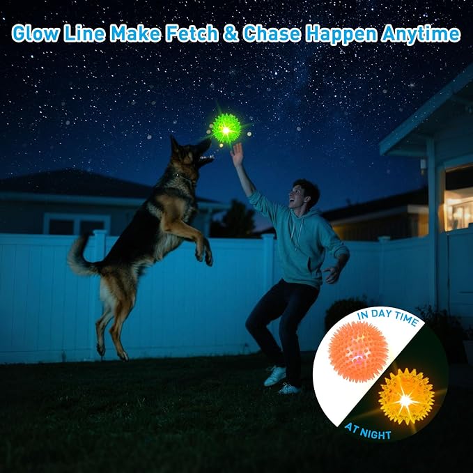 6-Pack 2.5” LED Light-Up Squeaky Dog Toy Balls ，Durable Interactive Glow Fetch Toys for Aggressive Chewers，BPA Free Non-Toxic, Spiky Puppy Chew Balls