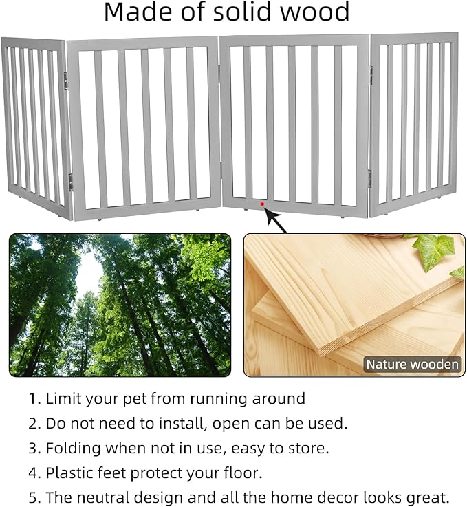 ZJSF Freestanding Indoor Dog Gate for House Foldable Wood Grey Puppy Gate for Doorways Pet Gate for Stairs Extra Wide Pet Fence 24" Height 4 Panels