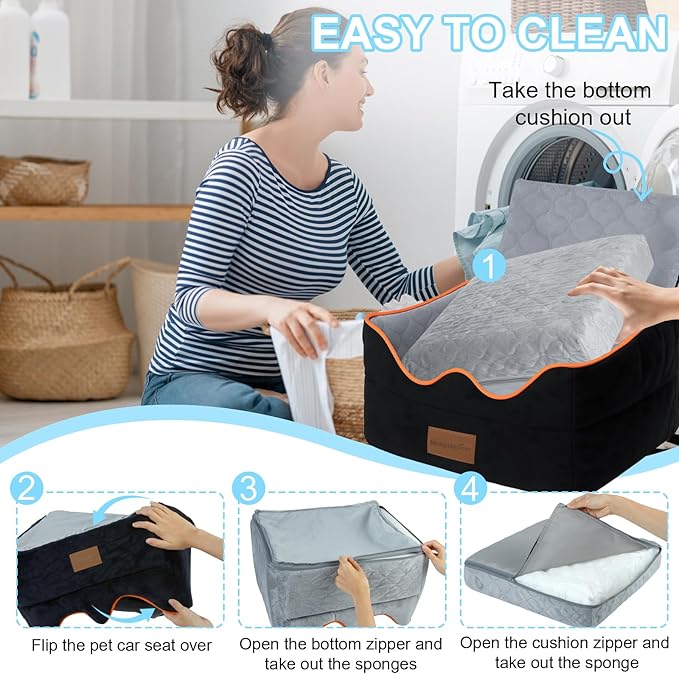 Dog Car Seat for Small/Medium Dogs Under 35lbs, Pet Booster Seat with 4In Memory Foam Cushion, Fully Detachable and Washable, Travel Dog Carseat with Storage Pocket and Safety Belt