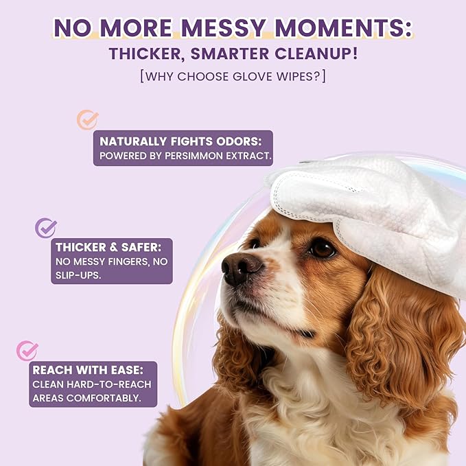 100 Dog Wipes for Paws and Butt Plant Based Hypoallergenic Pets Cleansing & Deodorizing Anal Gland Hygienic Puppy Wipes for Dogs Face and Body (Lavender, 100 Glove Wipes)