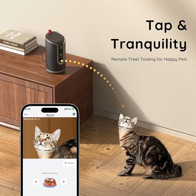Pet Camera Treat Dispenser [1-Year Trial: Cloud + AI Features Included], 2K Dog & Cat Cam, Remote Treat Tossing, 360° Auto Tracking, 5G/2.4G WiFi Compatible, 2-Way Talk, Motion Alerts Indoor