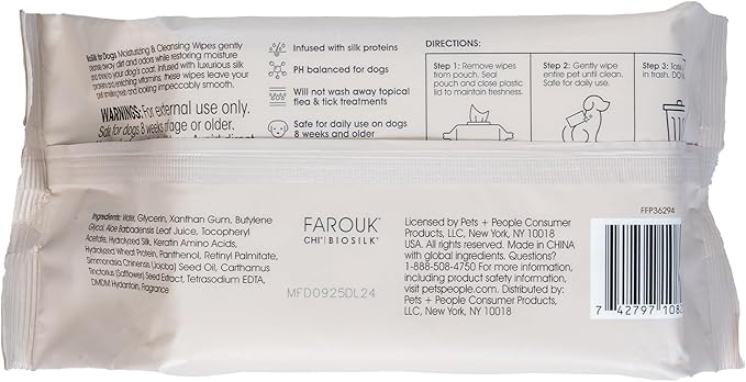 BioSilk for Dogs Moisturizing & Cleansing Wipes - Dog Wipes for Cleaning & Deodorizing, Dog Paw Wipes - Infused with Silk Proteins & Vitamins, pH Balanced, Paraben Free
