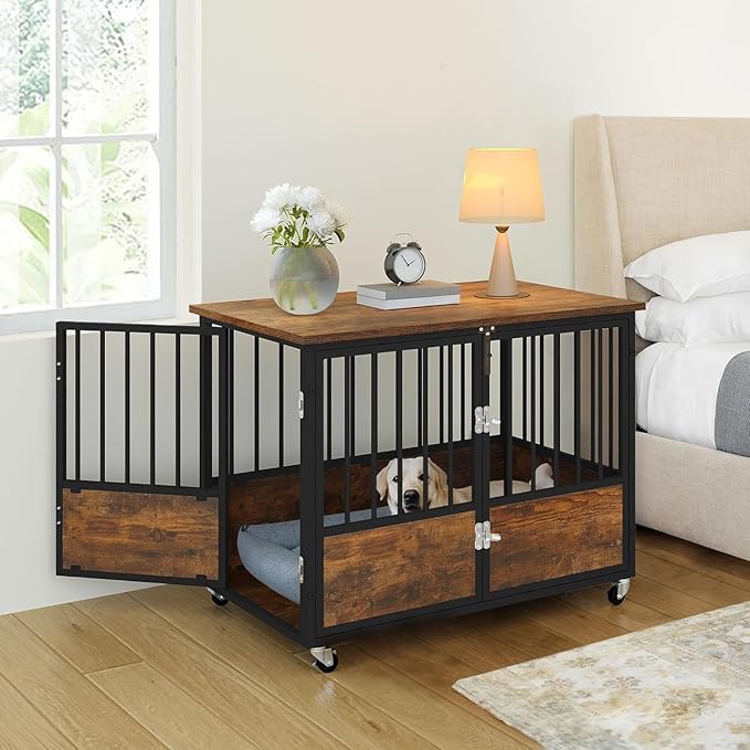YITAHOME Rustic Heavy Duty Dog Crate Furniture with Wheels, Double-Doors Metal Dog Kennel Indoor for Small Medium Dogs, Decorative Dog House Side End Table, Chew-Resistant Wooden Dog Cage