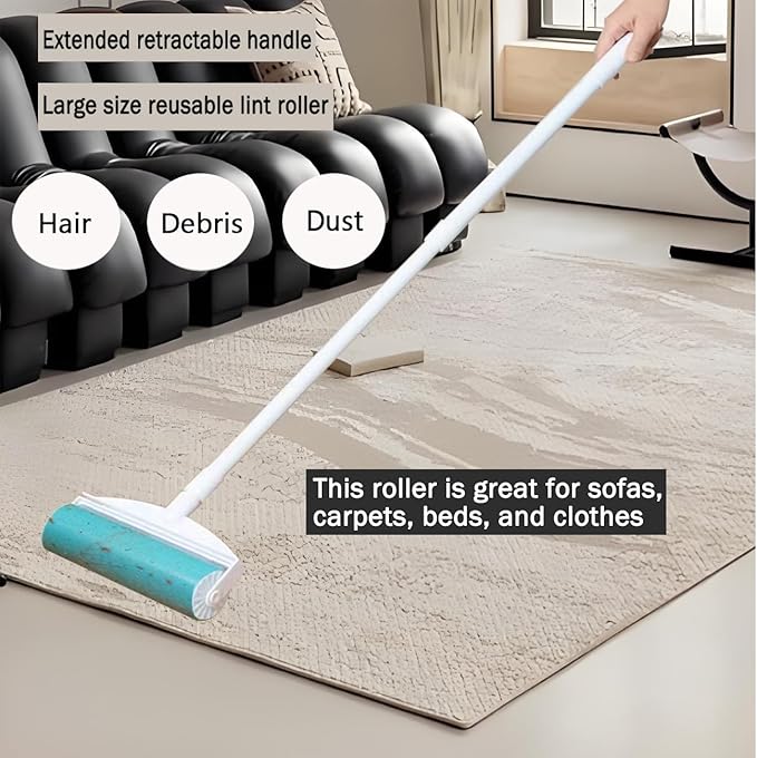 Washable Reusable Lint Roller, Large Retractable StickyLint Roller 8 inches Cat Dog Pet Hair Remover with 3-Foot Extendable Handle, Gel Sticky Picker Set Cleaner for Carpet, Clothes, Sofa
