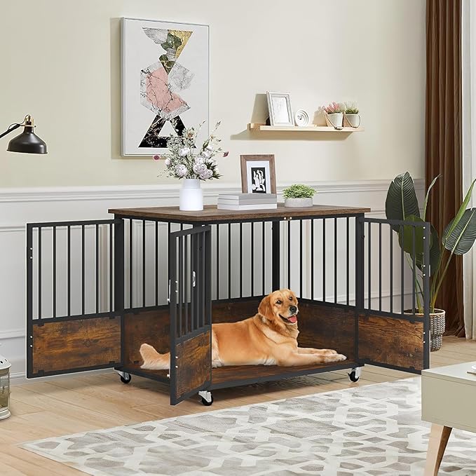 YITAHOME Rustic Heavy Duty Dog Crate Furniture with Wheels, Double-Doors Metal Dog Kennel Indoor for Small Medium Dogs, Decorative Dog House Side End Table, Chew-Resistant Wooden Dog Cage