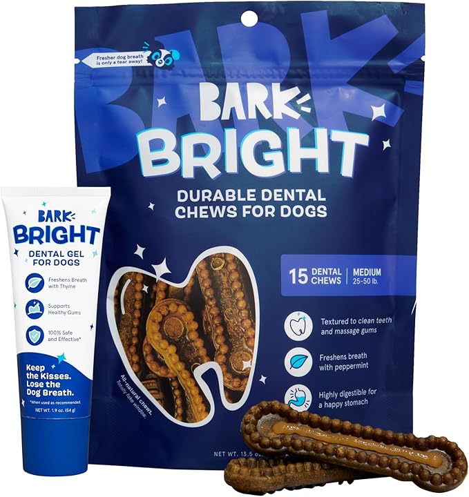 Barkbox Bright Durable Dog Dental Kit for Tough Chewers, 15 Chew Sticks & Toothpaste - Medium Breeds