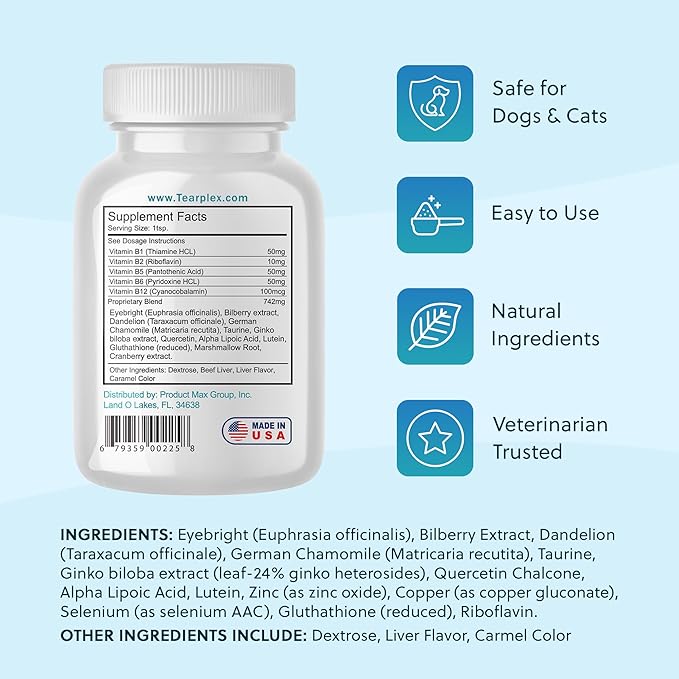Tear Stain Remover for Dogs and Cats | Natural Supplement Suitable for All Breed Types | Pet Tear Stain Remover Powder | Made with Natural Ingredients | Beef Flavored - 1 Pack