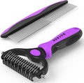 Pet Grooming Brush and Metal Comb Combo - Undercoat Rake for Dematting and Deshedding Long Matted Haired Dogs and Cats, Purple