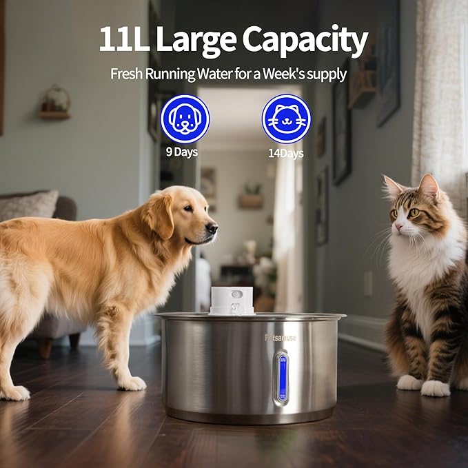 2.8Gal/11L Cordless Dog Water Fountain for Large Dogs, Petsamuse 5000mAh Battery Operated Stainless Steel Dog Fountain Water Bowl with 2 Quiet Pumps Wireless Pet Water Fountain with 15 Filters