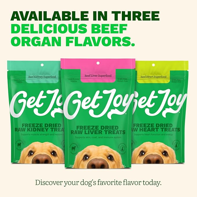 Get Joy Freeze Dried 100% Beef Liver Dog Treats, 4oz | Single Ingredient Organ Meat, High Protein Raw Dog Food Topper, Snack & Training Rewards | Grain Free, Gluten Free, Filler Free