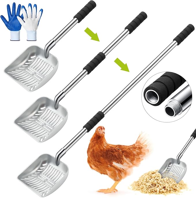 48 Inch Metal Chicken Coop Pooper Scooper (16 to 48 Inch) Long Handle Scooper with Detachable Stainless Steel Long Handle Gloves Accessory for Cleaning Chicken Coop(Silver)